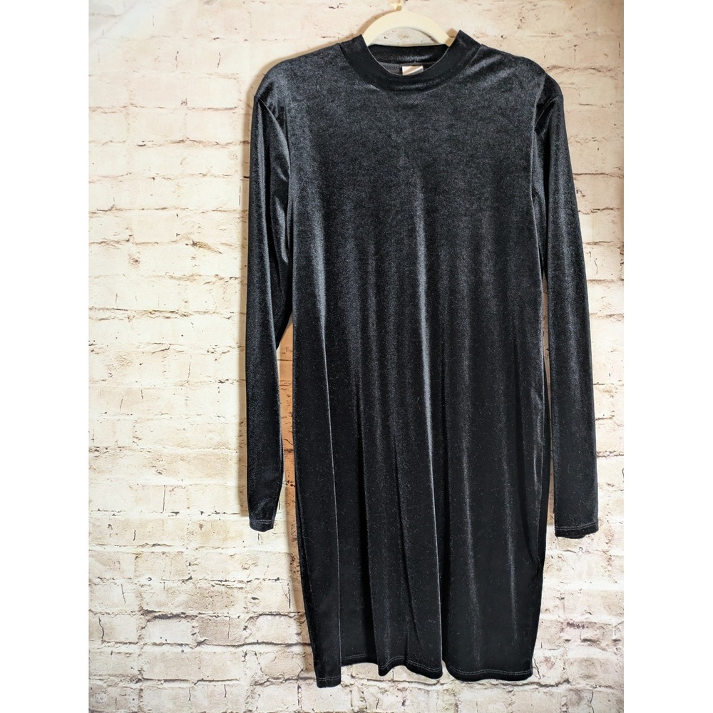 H&M Black Velvet‎ Shift Dress XL Mock Neck Long Sleeve Stretch Holiday Party